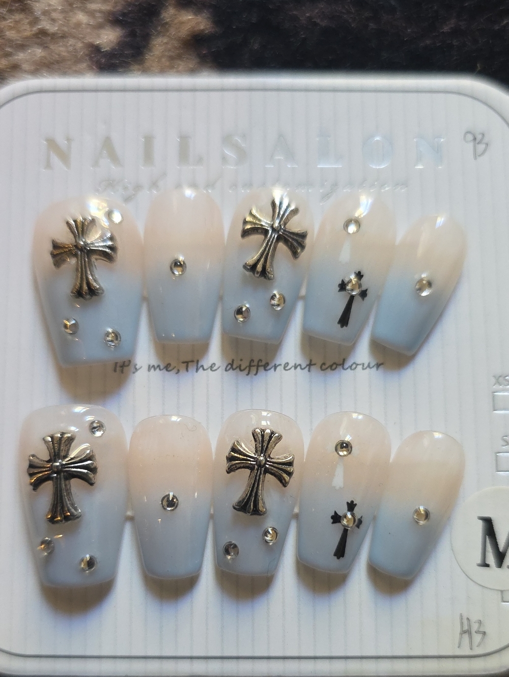 White Ombre Press-On Nails with Silver Cross Accents Large